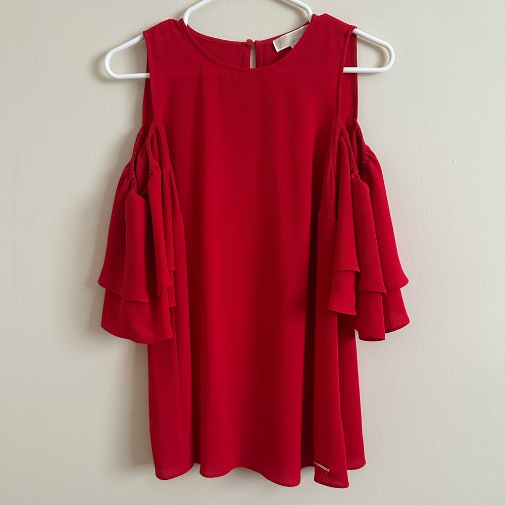 Michael Kors Red Cold Shoulder Ruffle Top